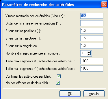 paramètres de recherche des astéroïdes