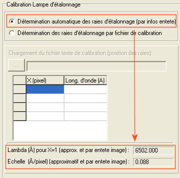 Calibration avec recherche automatique des raies - L'entête doit être complétée