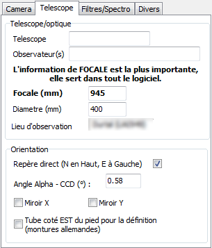 L'onglet Telescope