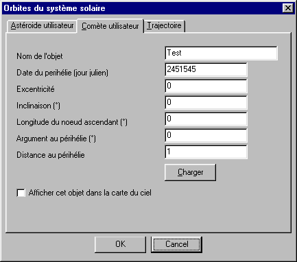 Inscrire les éléments orbitaux d'une comète