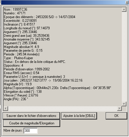 paramètres orbitaux et autres informations