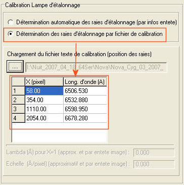 Calibration avec les raies dans un fichier texte